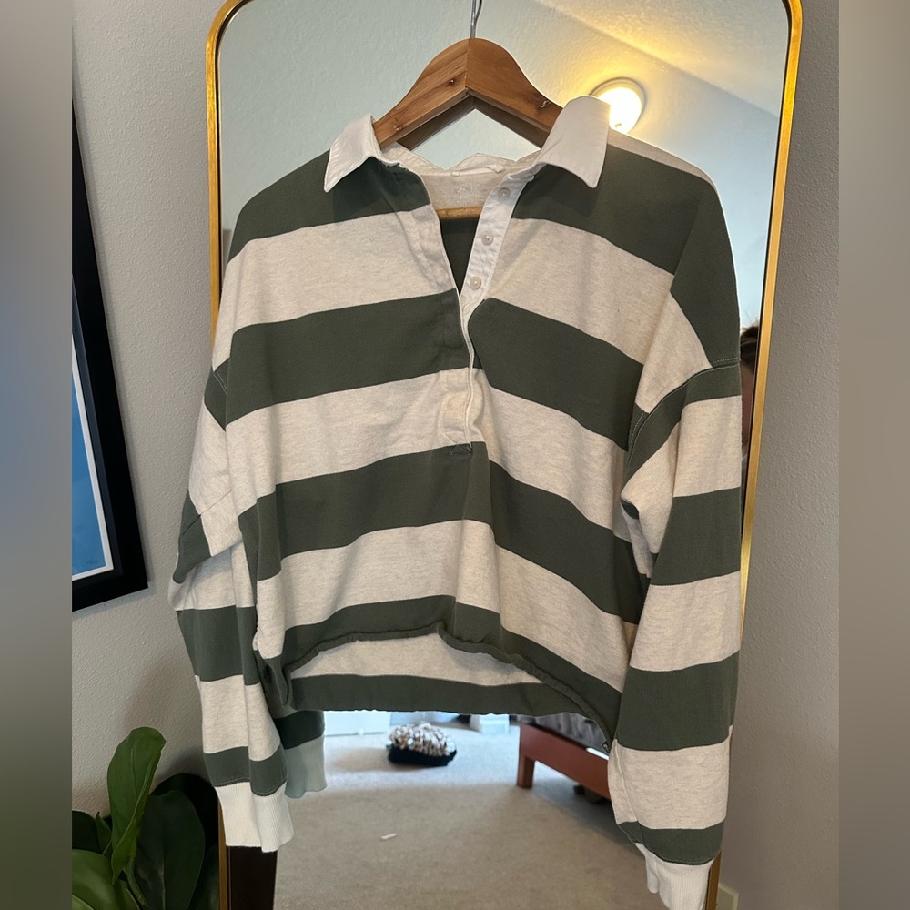 Aerie Green and White Striped Rugby Shirt